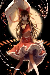 Rule 34 | 1girl, arm at side, arm behind head, ascot, backlighting, bad id, bad pixiv id, between fingers, black background, bow, branch, brown hair, cherry blossoms, detached sleeves, full moon, gohei, hair bow, hair tubes, hakurei reimu, holding, legs, long hair, looking at viewer, midriff, moon, navel, petals, petticoat, red eyes, red skirt, ribbon-trimmed sleeves, ribbon trim, skinny, skirt, sleeveless, smile, snowcake47, solo, talismans, touhou, wide sleeves