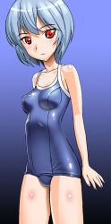 Rule 34 | 1girl, ayanami rei, blue hair, breasts, neon genesis evangelion, one-piece swimsuit, red eyes, school swimsuit, short hair, small breasts, solo, sugaishi, sugaishi (unbr), swimsuit
