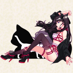 Rule 34 | 1girl, ankle boots, arm up, asymmetrical legwear, black hair, black ribbon, blue eyes, boots, bra, breasts, cross-laced footwear, fate/stay night, fate (series), floating hair, from side, grey background, hair ribbon, high heels, lace-up boots, long hair, looking at viewer, ribbon, sideboob, solo, thigh strap, thighhighs, tohsaka rin, twintails, two side up, underwear, underwear only, uneven legwear, white bra, yaoshi jun