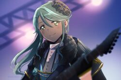Rule 34 | 1girl, aqua hair, bang dream!, blue jacket, blurry, blurry background, commentary, earrings, green eyes, guitar, highres, hikawa sayo, holding, holding guitar, holding instrument, idol clothes, instrument, jacket, jewelry, long hair, looking at viewer, portrait, signature, smile, stage lights, symbol-only commentary, xin (blueramen)