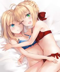 Rule 34 | 10s, 2girls, ;(, ;d, absurdres, ahoge, aqua eyes, artoria pendragon (all), artoria pendragon (fate), bare arms, bare shoulders, bed sheet, blue bra, blush, bra, braid, breasts, cleavage, collarbone, dutch angle, fate/extra, fate/stay night, fate (series), female focus, french braid, girl on top, green eyes, hair ribbon, highres, lace, lace-trimmed bra, lace-trimmed panties, lace trim, lingerie, looking at another, looking at viewer, lying, midriff, multiple girls, navel, neck, nero claudius (fate), nero claudius (fate) (all), nero claudius (fate/extra), official alternate costume, on back, on bed, on side, one eye closed, open mouth, panties, red bra, red panties, red ribbon, ribbon, round teeth, saber (fate), small breasts, smile, taira (pixiv9613131), teeth, thighs, type-moon, underwear, underwear only, wavy hair, wince, wink, yuri