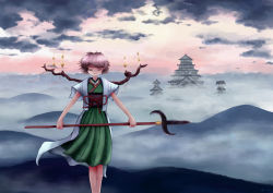 Rule 34 | 1other, absurdres, androgynous, architecture, brilliant pagoda or haze castle, brown hair, building, coat, east asian architecture, closed eyes, hakama, hakama skirt, highres, holding, holding weapon, jacket, jacket on shoulders, japanese clothes, len&#039;en, lilin (lilinkappasquad), ogata garaiya, outdoors, pagoda, polearm, scenery, short hair, skirt, smile, solo, weapon