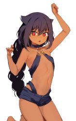 Rule 34 | 1girl, arms up, bare legs, barefoot, black hair, blush, braid, breasts, bright pupils, choker, collar, commentary, dark-skinned female, dark skin, fang, hair between eyes, hair flaps, halterneck, highres, jahy, jahy-sama wa kujikenai!, konbu wakame, long hair, looking at viewer, navel, o-ring, o-ring top, official art, open mouth, paw pose, red eyes, revision, short shorts, shorts, sidelocks, simple background, single braid, small breasts, solo, very long hair, white background