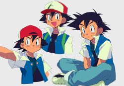 Rule 34 | 1boy, :d, ash ketchum, backwards hat, baseball cap, black eyes, black hair, closed mouth, commentary request, creatures (company), game freak, hat, jacket, knhrpnkt, male focus, multiple views, nintendo, open clothes, open jacket, open mouth, outstretched arm, pants, pokemon, pokemon (anime), pokemon (classic anime), red headwear, shirt, shoes, short hair, short sleeves, sitting, smile, sneakers, tongue, watermark