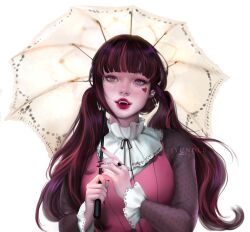 Rule 34 | 1girl, absurdres, black hair, colored skin, draculaura, earrings, fangs, heart, highres, holding, holding umbrella, jewelry, jyundee, long hair, looking at viewer, monster high, multicolored hair, open mouth, pink eyes, pink hair, pink skin, pink vest, pointy ears, portrait, red lips, see-through, see-through sleeves, simple background, solo, teeth, twintails, two-tone hair, umbrella, upper teeth only, vest, white background