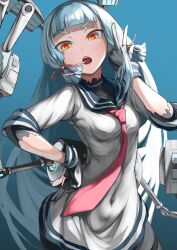 Rule 34 | 1girl, absurdres, adapted turret, black gloves, black pantyhose, black shirt, blue background, blue sailor collar, covered navel, dress, gloves, grey hair, hair ribbon, hand on own hip, highres, kantai collection, long hair, looking at viewer, machinery, multicolored eyes, murakumo (kancolle), necktie, open mouth, orange eyes, pantyhose, partially fingerless gloves, playing with own hair, red necktie, red pupils, ribbon, rigging, sailor collar, sailor dress, sannsogyoraikai, shirt, short sleeves, sidelocks, skin tight, solo, teeth, tress ribbon, upper teeth only, very long hair, white dress