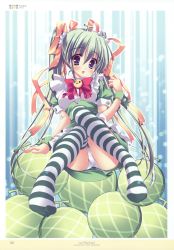 Rule 34 | 1girl, absurdres, blue eyes, bow, food, fruit, green hair, green thighhighs, hair ribbon, highres, hinamatsuri touko, knees together feet apart, maid, melon, melon-chan, melonbooks, no shoes, panties, ribbon, striped clothes, striped thighhighs, thighhighs, twintails, underwear, white panties, yellow bow