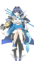 Rule 34 | black gloves, blue eyes, blue hair, blue hoodie, detached sleeves, fins, fish tail, gawr gura, ghdwid, gloves, highres, holding, holding weapon, hololive, hololive english, hood, hoodie, ouro kronii, polearm, shark tail, sharp teeth, sitting, sitting on lap, sitting on person, tail, teeth, trident, virtual youtuber, weapon, white hair