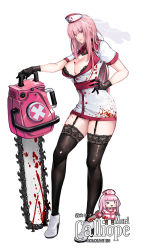 Rule 34 | 1girl, babyg wong, black bra, blood, blood on clothes, blood on face, bra, breasts, buttons, chainsaw, character name, chibi, cleavage, dress, eyes visible through hair, full body, gloves, hat, highres, hololive, hololive english, holomyth, large breasts, leather, leather gloves, long hair, looking at viewer, mori calliope, nurse, nurse cap, pink hair, power tool, red eyes, shoes, short dress, simple background, solo, standing, thick thighs, thighhighs, thighs, underwear, virtual youtuber, white background
