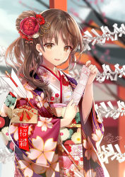 Rule 34 | 1girl, :d, arrow (projectile), blurry, blurry background, branch, brown eyes, brown hair, building, commentary request, depth of field, earrings, ema, floral print, flower, hair bun, hair flower, hair ornament, hamaya, holding, japanese clothes, jewelry, kagachi saku, kimono, long hair, long sleeves, nengajou, new year, open mouth, original, print kimono, red flower, sidelocks, signature, single hair bun, smile, solo, standing, teeth, upper body, upper teeth only, wide sleeves