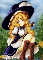 Rule 34 | 1girl, apron, bad id, bad twitter id, black dress, blonde hair, boots, broom, broom riding, cross-laced footwear, dress, forest, frilled dress, frills, hat, highres, juliet sleeves, kirisame marisa, long hair, long sleeves, nature, puffy sleeves, short sleeves, smile, solo, tikano, touhou, tree, waist apron, wavy hair, witch hat, yellow eyes