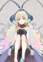 Rule 34 | 1girl, antennae, atelier (series), atelier escha &amp; logy, bare legs, bare shoulders, blonde hair, blue horns, closed mouth, dress, flameu (atelier), forehead jewel, green eyes, highres, horns, le21day, looking at viewer, multicolored hair, rainbow hair, simple background, sitting, smile, solo