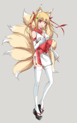 Rule 34 | 1girl, animal ears, arm at side, bad id, bad pixiv id, blonde hair, detached sleeves, dress, fox ears, fox tail, hand on own chest, japanese clothes, lowleg, lowleg panties, multiple tails, open mouth, original, panties, personification, platform clogs, platform footwear, platform heels, red eyes, sample watermark, shoes, short dress, short hair, short twintails, side slit, smile, solo, syno, tail, thighhighs, twintails, underwear, watermark, white dress, white thighhighs