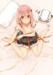 Rule 34 | 10s, 1girl, arm support, barefoot, bed sheet, breast hold, breasts, censored, convenient censoring, downblouse, dress, feet, frilled pillow, frills, from above, guilty crown, haijin, hair censor, hair over breasts, hands on feet, long hair, long legs, looking up, pillow, pink hair, popoccpo, red eyes, sitting, solo, strap slip, toes, twintails, wariza, yuzuriha inori