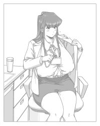 Rule 34 | 1girl, aged up, alternate breast size, blush, breasts, card, chair, collared shirt, commentary request, covered erect nipples, desk, ear blush, flying sweatdrops, highres, holding, holding card, huge breasts, id card, impossible clothes, impossible shirt, inverted nipples, jacket, komi-san wa komyushou desu, komi shouko, lanyard, long hair, looking at viewer, office chair, office lady, open clothes, open jacket, pencil skirt, popped button, puffy nipples, removing jacket, shirt, sidelocks, sitting, skirt, swivel chair, thick thighs, thighs, tomodaore niku udon, wardrobe malfunction, white background