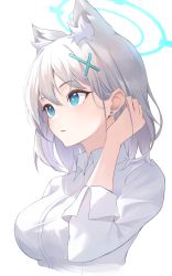 Rule 34 | 1girl, absurdres, animal ear fluff, animal ears, blue archive, blue eyes, blush, breasts, bright pupils, collared shirt, cropped torso, earrings, extra ears, tucking hair, halo, hand up, highres, jewelry, large breasts, mismatched pupils, parted lips, shiroko (blue archive), shirt, short hair, silver hair, simple background, sleeves rolled up, solo, stud earrings, toki (rumukio), upper body, white background, white shirt, wolf ears