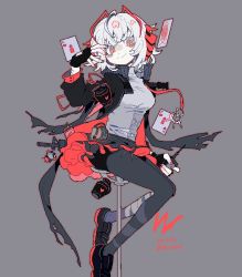 Rule 34 | 1girl, ahoge, antennae, arknights, black gloves, black jacket, black pantyhose, black skirt, breasts, controller, demon girl, demon horns, detonator, explosive, fingerless gloves, gloves, grenade, grey background, grey hair, grey shirt, holding, holding remote control, horns, jacket, jaggy lines, king (playing card), king of hearts (playing card), medium breasts, open clothes, open jacket, pantyhose, red eyes, remote control, shirt, short hair, simple background, sitting, skirt, smile, solo, stool, thurim6, two-sided fabric, two-sided skirt, w (arknights)