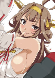 Rule 34 | 10s, 1girl, antennae, aoi manabu, armpits, bare shoulders, breasts, brown eyes, brown hair, commentary request, detached sleeves, finger to mouth, happy birthday, headgear, japanese clothes, kantai collection, kongou (kancolle), large breasts, long hair, long sleeves, looking at viewer, machinery, no bra, ribbon-trimmed sleeves, ribbon trim, shushing, sideboob, smile, solo, sweat, uneven eyes, upper body, wide sleeves