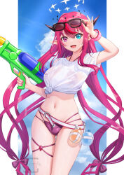 Rule 34 | 1girl, arm up, artist logo, belt, bikini, bikini under clothes, blue eyes, bow, breasts, double halo, eyewear on head, hair bow, halo, heterochromia, highres, holding, hololive, hololive english, horns, irys (hololive), long hair, looking at viewer, medium breasts, open mouth, outdoors, pillarboxed, pointy ears, purple eyes, purple hair, see-through, shirt, skyrail, smile, star-shaped pupils, star (symbol), star halo, stomach, sunglasses, swimsuit, symbol-shaped pupils, thigh strap, very long hair, virtual youtuber, water balloon, water gun, wet, wet clothes, wet shirt, wristband