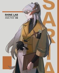 Rule 34 | 1girl, ajiajia1104, arknights, black gloves, black shirt, brown coat, character name, clipboard, coat, commentary, cowboy shot, dragon horns, earrings, english commentary, english text, female focus, gloves, unworn gloves, grey background, highres, holding, holding clipboard, horns, jewelry, long hair, long sleeves, looking at viewer, orange eyes, pants, parted lips, profile, saria (arknights), shirt, silver hair, solo, stud earrings, turtleneck, very long hair, white pants