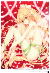 Rule 34 | 10s, 1girl, absurdres, bad id, barefoot, blonde hair, breasts, elf, fairy, fairy wings, feathers, feet, green eyes, green ribbon, highres, large breasts, leafa, long hair, looking at viewer, naked ribbon, nude, pointy ears, ponytail, ribbon, sitting, smile, solo, sword art online, very long hair, wings, yashiro seika