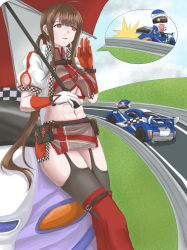 Rule 34 | 1girl, absurdres, arm up, black thighhighs, breasts, brown hair, car, chinese commentary, dsr-50 (girls&#039; frontline), feet out of frame, finellen, garter straps, girls&#039; frontline, gloves, highres, holding, holding umbrella, jacket, large breasts, long hair, looking away, motor vehicle, navel, open clothes, open jacket, open mouth, race queen, red eyes, red gloves, shorts, solo, standing, thighhighs, umbrella, underboob, white jacket
