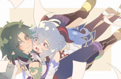 Rule 34 | 1boy, 1girl, ahoge, arm tattoo, bead necklace, beads, bell, black pantyhose, blue hair, blush, border, detached sleeves, falling, flower knot, flustered, ganyu (genshin impact), genshin impact, goat horns, green hair, hair between eyes, highres, horns, jewelry, long hair, looking back, lying on person, neck bell, necklace, open mouth, pantyhose, parted bangs, purple eyes, red rope, rope, sepia background, sgrimp, surprised, sweatdrop, tattoo, white border, white footwear, white sleeves, xiao (genshin impact), yellow eyes
