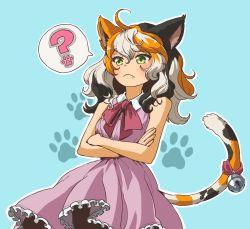 Rule 34 | 1girl, ?, ahoge, animal ears, bell, calico, cat ears, cat girl, cat tail, collar, crossed arms, dress, fang, frown, green eyes, hair between eyes, highres, multicolored hair, paw print, pikat, ribbon, sketch, sleeveless, sleeveless dress, speech bubble, tail, tail bell, tail ornament, white collar