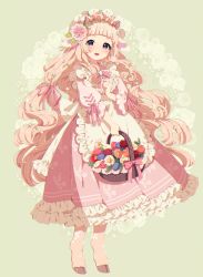 Rule 34 | 1girl, :d, animal ears, apron, basket, blue flower, blush, commentary, commission, dress, english commentary, floral background, flower, frilled apron, frilled dress, frills, full body, goat ears, goat horns, hair flower, hair ornament, hair ribbon, highres, holding, holding basket, hooves, horns, horse legs, light brown hair, long hair, looking at viewer, mamyouda, monster girl, open mouth, original, pink dress, pink flower, pink ribbon, pleated dress, puffy short sleeves, puffy sleeves, purple eyes, red flower, red rose, ribbon, rose, satyr, short eyebrows, short sleeves, signature, smile, solo, standing, thick eyebrows, tulip, very long hair, waist apron, white apron, white flower