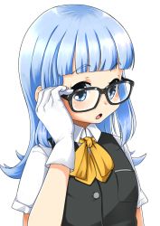 Rule 34 | 1girl, bespectacled, black vest, blue eyes, blue hair, blunt bangs, blush, commentary, glasses, gloves, hatsukaze (kancolle), highres, kantai collection, long hair, nassukun, open mouth, school uniform, shirt, simple background, solo, symbol-only commentary, upper body, vest, white background, white gloves, white shirt, yellow neckwear