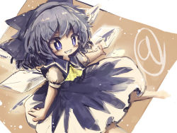 Rule 34 | 1girl, ascot, blue bow, blue dress, blue eyes, blue hair, bow, circled 9, cirno, commentary request, dress, feet out of frame, from above, hair bow, kouba, looking at viewer, lower teeth only, open mouth, pinafore dress, puffy short sleeves, puffy sleeves, sharp teeth, shirt, short hair, short sleeves, sleeveless dress, solo, teeth, touhou, upper teeth only, white shirt, wings, yellow ascot