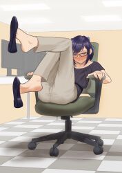 Rule 34 | 1girl, a-chan (2nd costume) (hololive), a-chan (hololive), absurdres, aiharararara, black hair, blue eyes, blush, feet, glasses, highres, hololive, looking at viewer, medium hair, shoe dangle, soles, swivel chair, toes, virtual youtuber