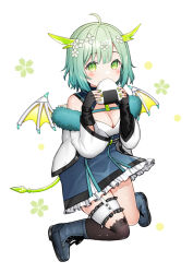 Rule 34 | 1girl, ahoge, black gloves, blue footwear, blue skirt, boots, breasts, brown thighhighs, cleavage, commentary request, cross-laced footwear, eating, fang, fingerless gloves, flower, food, frilled skirt, frills, full body, fur-trimmed jacket, fur trim, gloves, green eyes, green hair, green nails, hair flower, hair ornament, hands up, highres, holding, holding food, horns, indie virtual youtuber, jacket, knees together feet apart, kurata rine, lace-up boots, long sleeves, medium breasts, mini wings, nail polish, off shoulder, onigiri, over-kneehighs, rokuri syao, simple background, skirt, solo, tail, thighhighs, thighhighs under boots, virtual youtuber, white background, white flower, white jacket, wide sleeves, wings, yellow wings