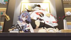 Rule 34 | 1girl, animal, bird, black gloves, black hair, book, cat, chicken, chinese clothes, choker, copyright name, fingerless gloves, fu hua, fu hua (herrscher of sentience), glasses, gloves, grey hair, hair ornament, highres, honkai (series), honkai impact 3rd, indoors, jingwei (bird), lamp, logo, long hair, looking at viewer, monocle, official art, pince-nez, poster (object), red eyes, second-party source, smile, table