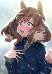 Rule 34 | 1girl, animal ears, blue coat, blush, brown eyes, brown hair, buttons, clenched hand, coat, commentary, crying, crying with eyes open, disembodied limb, double-breasted, ear covers, frown, hair tie, hand in another&#039;s hair, hand on own chest, horse ears, horse girl, long sleeves, looking at viewer, medium hair, multicolored hair, nice nature (umamusume), open mouth, sabum, school uniform, snowing, streaked hair, tears, twintails, umamusume, winter uniform