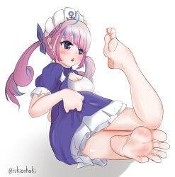 Rule 34 | 1girl, barefoot, blush, breasts, cleavage, drill hair, feet, frilled hairband, frills, hairband, highres, hololive, long hair, medium breasts, minato aqua, multicolored hair, open mouth, pink eyes, pink hair, soles, solo, streaked hair, toes, twintails, virtual youtuber