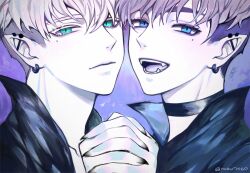 Rule 34 | 2boys, aqua eyes, barbell piercing, blue eyes, brothers, cheek-to-cheek, choker, closed mouth, demon boy, ear piercing, earrings, eyelashes, fangs, hand up, heads together, highres, holding hands, interlocked fingers, jewelry, looking at viewer, male focus, millions knives, mole, mole under eye, monochrome, multiple boys, open mouth, piercing, pointy ears, raku7560, short hair, siblings, smile, spot color, trigun, twins, twitter username, undercut, vash the stampede