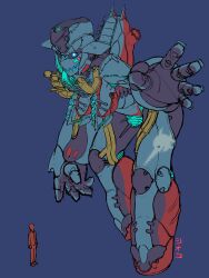 Rule 34 | 1girl, 1other, armor, black armor, blue armor, blue background, blue eyes, blue mouth, eyelashes, flat color, giant, giantess, highres, humanoid robot, looking at viewer, mecha, mechanization, monster girl, original, personification, red armor, robot, robot girl, shion humine, size difference, submarine, watercraft