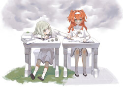 Rule 34 | 2girls, aged down, black footwear, blush, book, braid, candy, closed mouth, desk, dress, food, frog, green eyes, grey hair, hairband, highres, holding, holding pencil, long hair, long sleeves, multiple girls, open book, orange hair, pencil, reverse:1999, school desk, shoes, side braid, since2019, sitting, socks, sonetto (reverse:1999), stool, two side up, vertin (reverse:1999), white dress, white socks