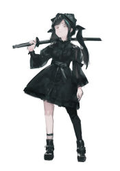 Rule 34 | 1girl, absurdres, black dress, black footwear, black hair, black thighhighs, blue hair, boots, closed mouth, commentary, dress, english commentary, full body, highres, holding, holding sword, holding weapon, katana, long hair, long sleeves, looking at viewer, multicolored hair, orange eyes, original, red eyes, simple background, single thighhigh, solo, standing, streaked hair, sword, thighhighs, weapon, white background, zygocactus