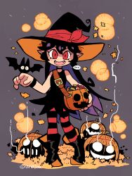 Rule 34 | 1girl, :d, absurdres, autumn, bag, bare shoulders, bat (animal), black dress, black footwear, black hair, boots, candy, dress, fangs, food, glowing, glowing eyes, grass, halloween, halloween bucket, halloween costume, hat, highres, jack-o&#039;-lantern, long hair, mixed-language commentary, on grass, open mouth, original, pointy ears, rariatto (ganguri), red eyes, satchel, smile, speech bubble, striped clothes, striped thighhighs, thighhighs, twitter username, vampire, witch, witch hat, zakuro (rariatto)