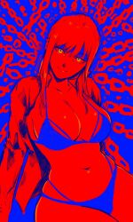 Rule 34 | 1girl, absurdres, blue background, breasts, chainsaw man, highres, large breasts, looking at viewer, makima (chainsaw man), medium hair, miss faves, monochrome, partially colored, red hair, red theme, sidelocks, simple background, solo, swimsuit, twitter username, yellow eyes