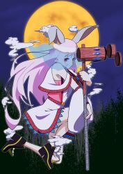 Rule 34 | 1girl, animal ears, armpit peek, boots, clothing cutout, commentary request, detached sleeves, dress, ebata kyouhei, forest, full moon, highres, long hair, mallet, moon, moon rabbit, nature, night, night sky, original, pink hair, rabbit ears, red eyes, short dress, shoulder cutout, sky, smile, smoke, solo, tree, very long hair
