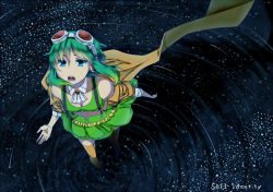 Rule 34 | 1girl, bad id, bad pixiv id, from above, goggles, goggles on head, green eyes, green hair, gumi, headphones, matching hair/eyes, gumi (v3 megpoid), nanase mizuki, open mouth, short hair, skirt, solo, suspenders, thighhighs, vocaloid