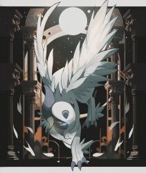 Rule 34 | absol, blue skin, claws, colored skin, column, creatures (company), feathered wings, feathers, game freak, gen 3 pokemon, hair over one eye, highres, horns, mega absol, mega pokemon, nintendo, no humans, pillar, pokemon, pokemon (creature), red eyes, reo (mmocc123), single horn, white feathers, white fur, white hair, white wings, wings