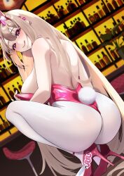 Rule 34 | 1girl, :q, absurdres, animal ears, bar (place), bar stool, bare shoulders, blush, bottle, breasts, closed mouth, clothes tug, earrings, eyeshadow, fake animal ears, fake tail, from behind, goddess of victory: nikke, high heels, highleg, highleg leotard, highres, horns, jewelry, large breasts, leotard, licking lips, light brown hair, lips, long hair, makeup, mole, mole under eye, official alternate costume, pantyhose, pink eyes, pink footwear, pink horns, pink leotard, playboy bunny, rabbit ears, rabbit tail, red eyeshadow, rinrin kai, sidelocks, single earring, solo, squatting, stool, strapless, strapless leotard, tail, tiptoes, tongue, tongue out, very long hair, viper (nikke), viper (toxic rabbit) (nikke), white pantyhose