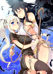 Rule 34 | 2girls, angel wings, asymmetrical docking, bare shoulders, black dress, black hair, black legwear, black wings, blue eyes, blush, bracelet, breast press, breast rest, breasts, chain, china dress, chinese clothes, covered erect nipples, dress, closed eyes, feathered wings, feathers, half updo, hug, huge breasts, impossible clothes, jewelry, large breasts, long hair, lots of jewelry, mabinogi, morrighan, multiple girls, nao (mabinogi), no panties, petenshi (dr. vermilion), side slit, sideboob, smile, staff, thighhighs, thighs, twintails, white hair, wings