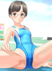 Rule 34 | 1girl, absurdres, aqua one-piece swimsuit, black eyes, black hair, blurry, breasts, collarbone, competition swimsuit, depth of field, glasses, highres, looking at viewer, one-piece swimsuit, original, short hair, sitting, small breasts, solo, spread legs, swimsuit, takafumi