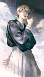Rule 34 | 1boy, :q, absurdres, black kimono, blonde hair, blue eyes, dust cloud, ear piercing, earrings, feet out of frame, hair between eyes, hakama, hakama skirt, hand up, high collar, highres, japanese clothes, jewelry, jujutsu kaisen, kimono, kyuuba melo, long sleeves, looking at viewer, male focus, multicolored hair, parted lips, piercing, shirt, skirt, solo, standing, tongue, tongue out, tsurime, two-tone hair, white shirt, wide sleeves, zenin naoya