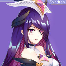 Rule 34 | 1girl, alternate costume, alternate hair color, alternate hairstyle, character name, choker, dymao, eyepatch, highres, league of legends, lipstick, long hair, looking at viewer, makeup, purple eyes, purple hair, simple background, solo, star guardian (league of legends), star guardian syndra, syndra